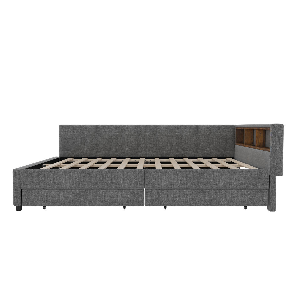 POLSTERBETT aus Leinen 140x200 cm in Grau mit LED, USB-C & 2 Schubladen - Grau, Textil (140/200cm) - Modfu