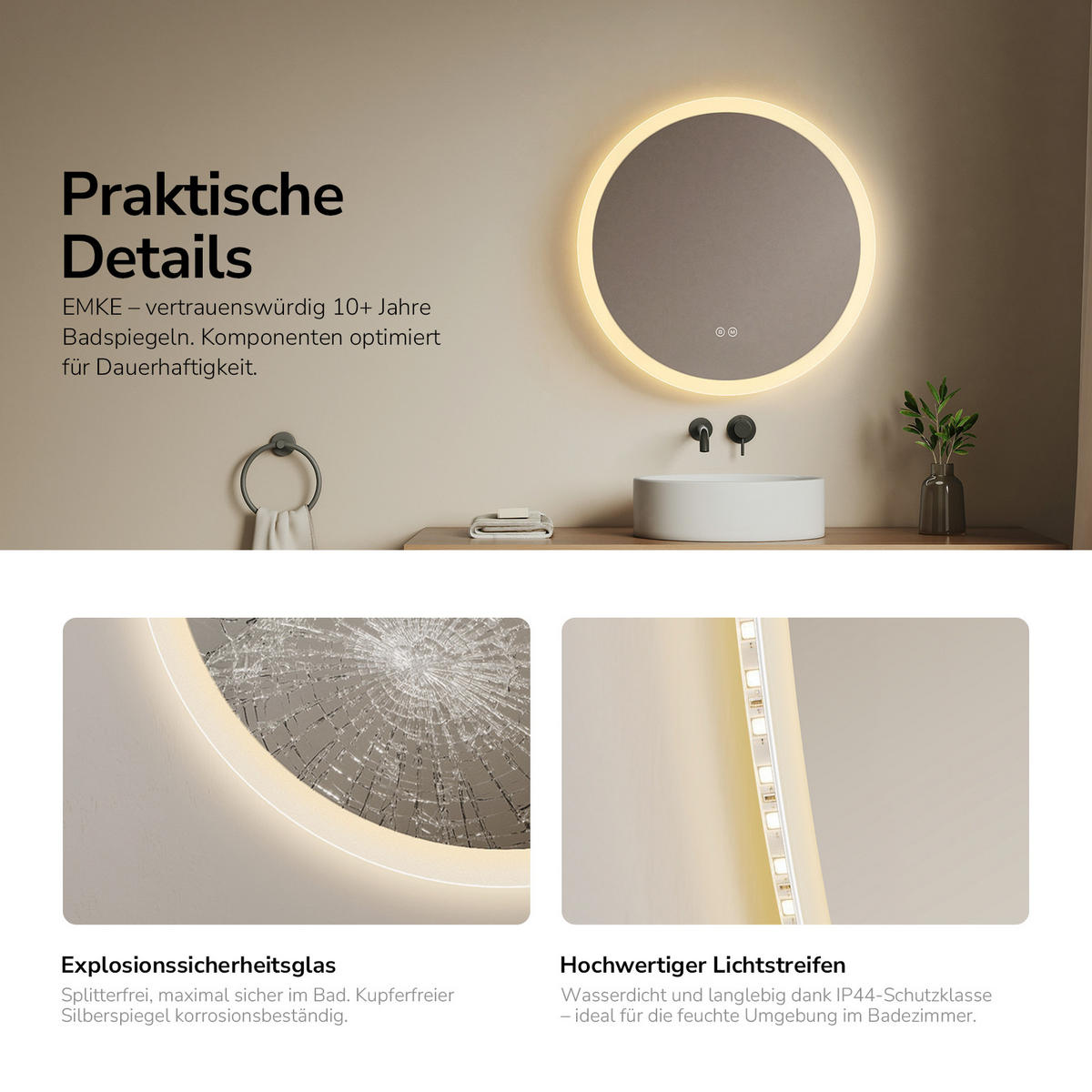 BADRUMSSPEGEL LED Ø 60 cm rund, ljuskant, 3 ljuslägen, imfri - Transparent, Glas (60/60/3.5cm) - EMKE