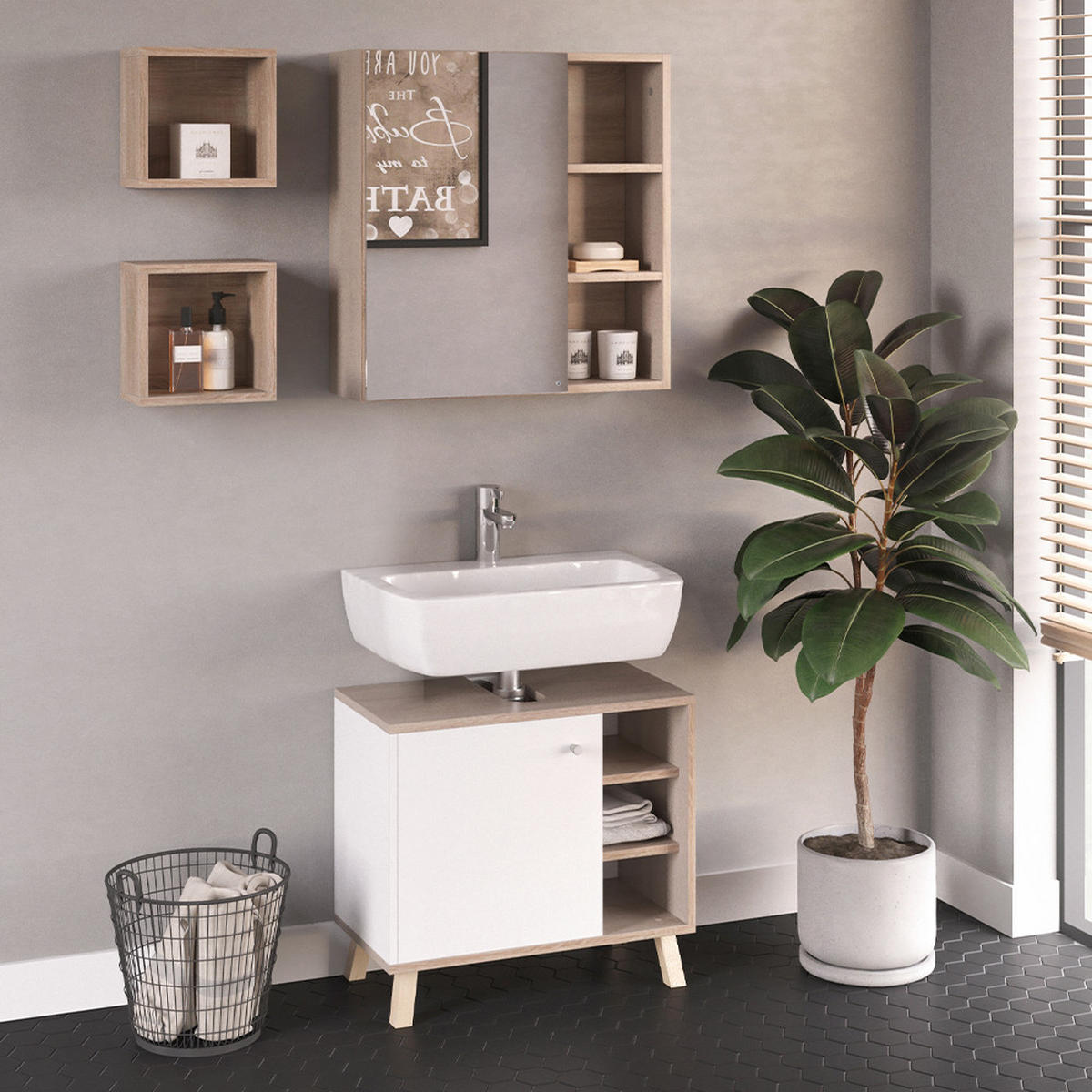 BADMÖBEL-SET Senyo Weiß 3 Teile - Weiß/Sonoma Eiche, Holzwerkstoff (62/54/32cm) - Vicco