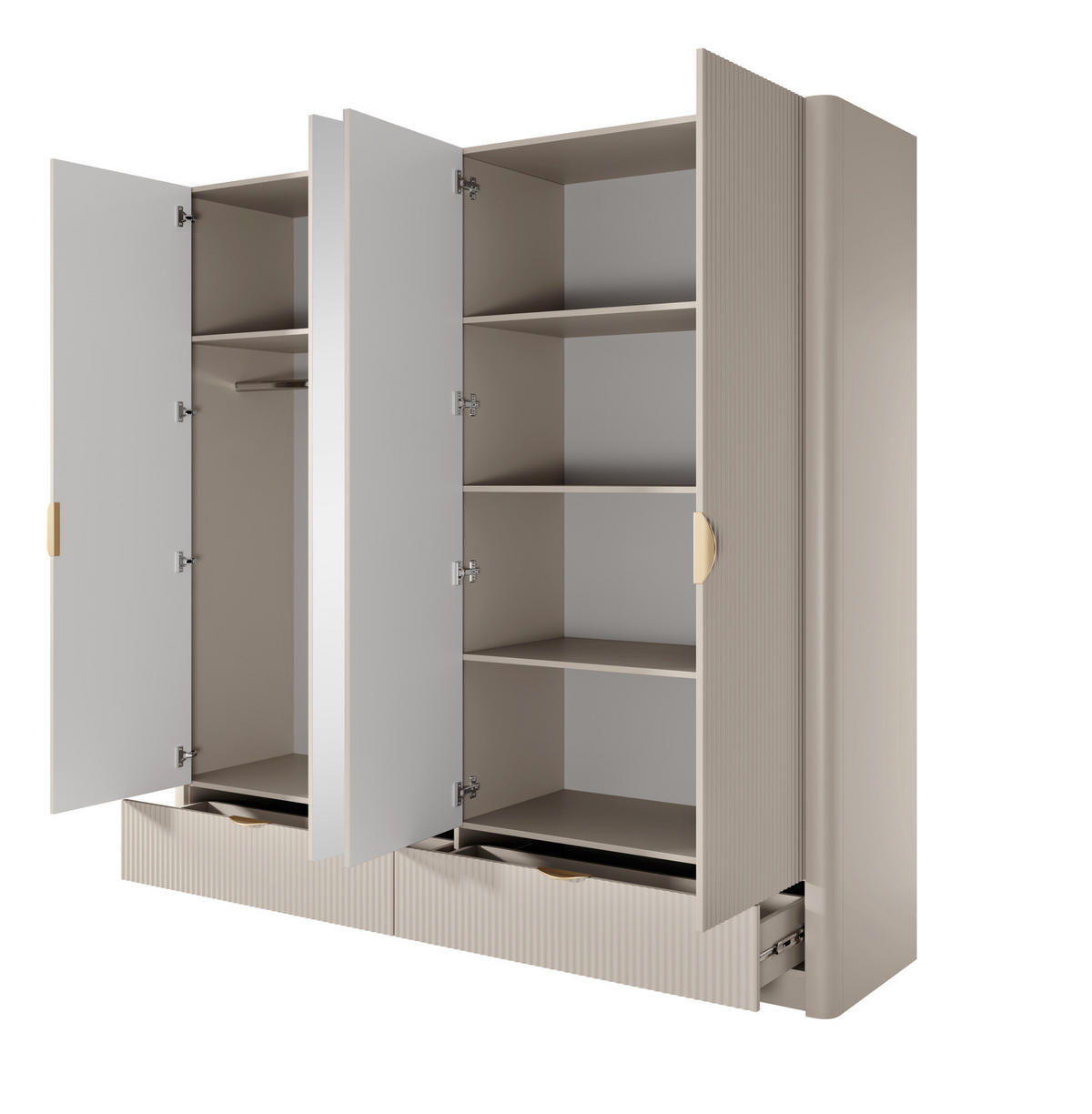 KLEIDERSCHRANK Flore 4-türig Beige / Gold - 213 cm - mit Spiegel - Beige/Gelb, Holz/Holzwerkstoff (213/208/55cm) - Ravio