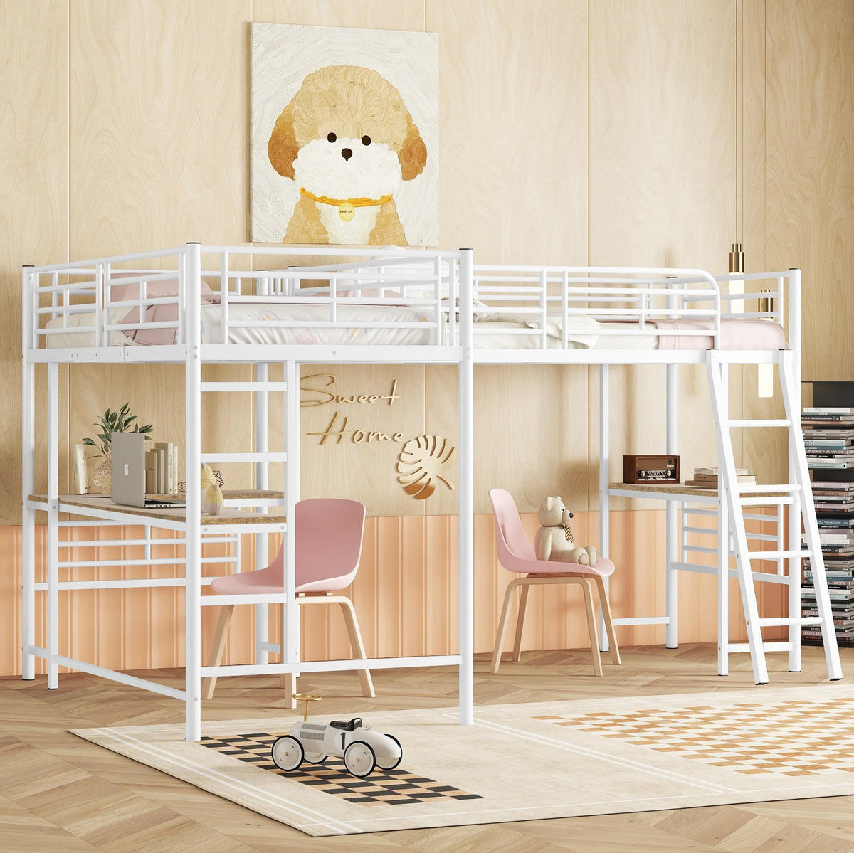 HOCHBETT 90/200 cm Weiß aus Metall und MDF mit Schreibtisch - Weiß, Metall (140/200cm) - OKMYHOME