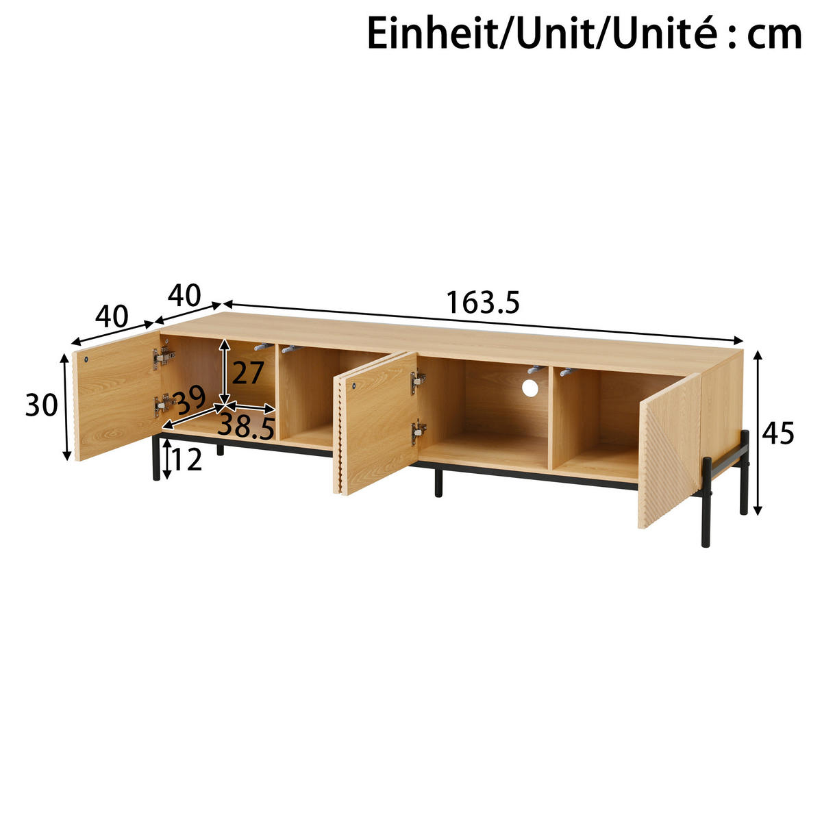 TV stolek z MDF 163,5x40x45 cm přírodní se 4 dvířky, 3D strukturou a otvíráním na stisk - světle hnědá, kompozitní dřevo (163.5/45/40cm) - Modfu