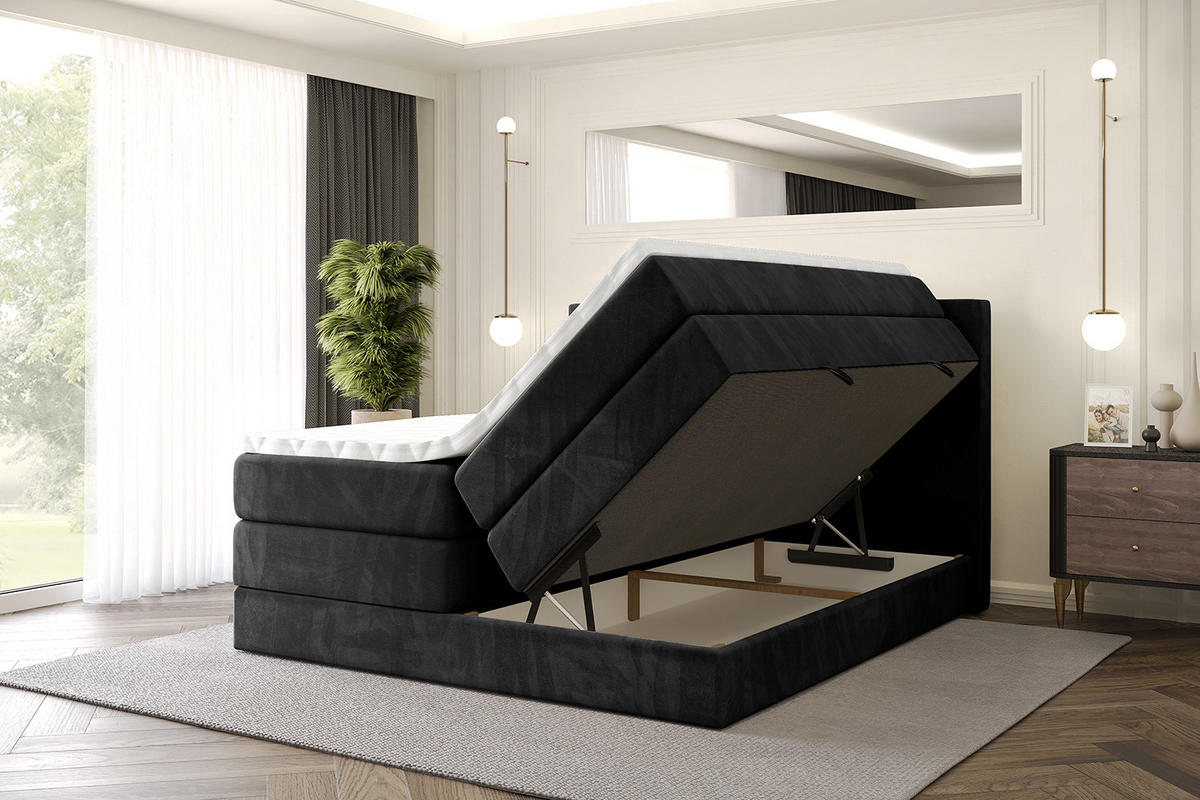 BOXSPRINGBETT mit Matratze H3|H4 und Lattenrost - VEXA KING-140x200 - Schwarz Casablanca - Schwarz, Holzwerkstoff (140/200cm) - ALTDECOR