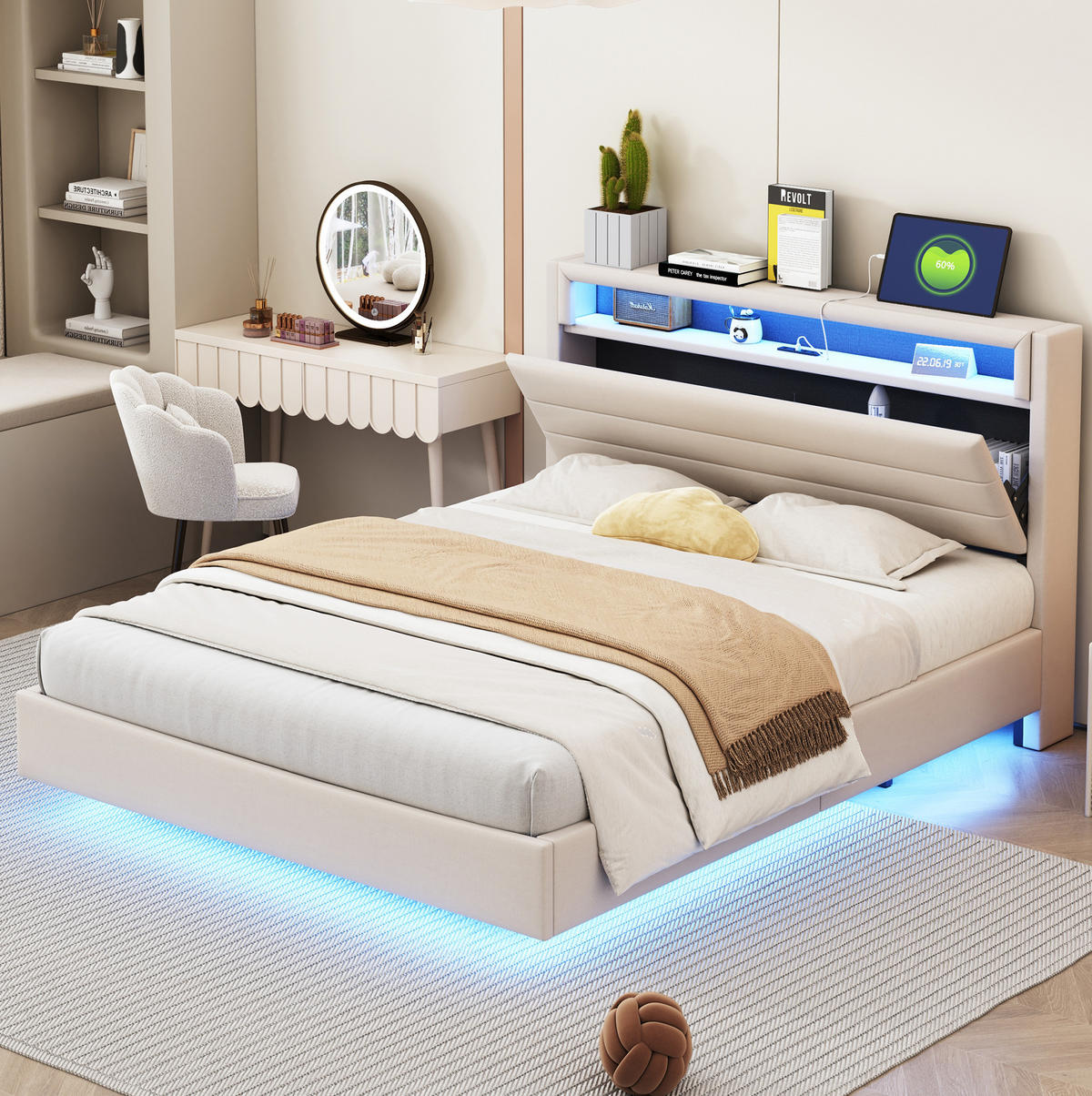 POLSTERBETT 140/200 cm mit LED-Beleuchtung, USB-Anschluss und Stauraum im Kopfteil - Beige, Textil (140/200cm) - BEAOK