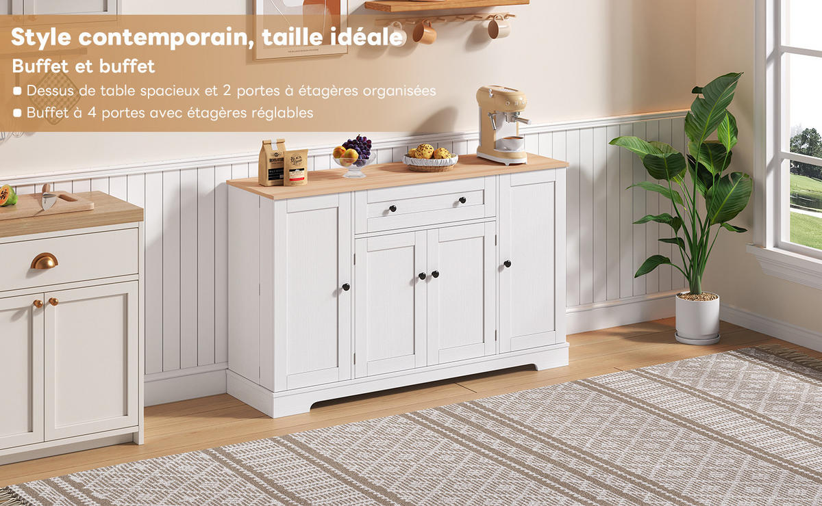 BUFFET 138 cm Natur/Weiß aus MDF mit verstellbaren Einlegeböden - Naturfarben, Holzwerkstoff (40/85/138cm) - OKMYHOME