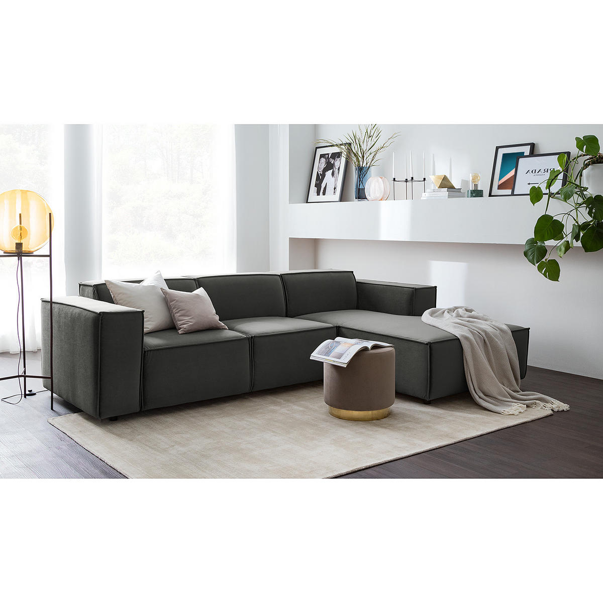 ECKSOFA mit Longchair - Schwarz/Grau, Kunststoff/Textil (260/177cm) - home24