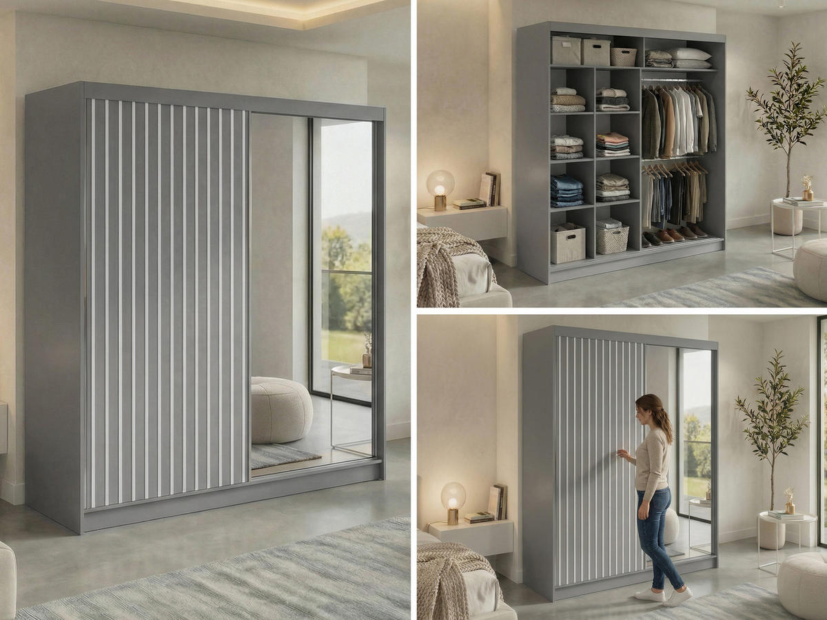 SCHWEBETÜRENSCHRANK mit Spiegel LAOS - 200 - Grau - Weiß Lamellen - Alufarben/Weiß, Holzwerkstoff/Metall (200/216/61cm) - MKS
