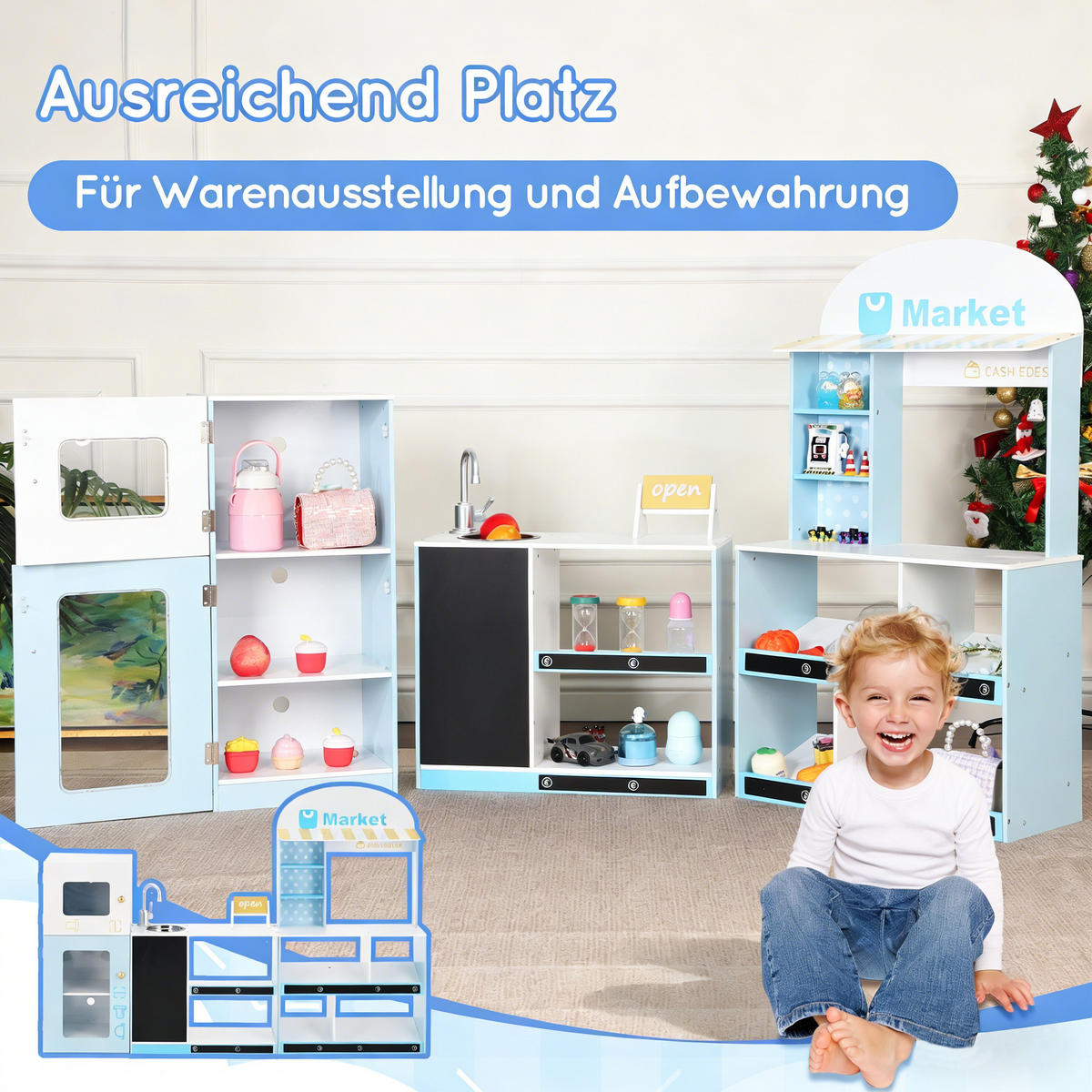 KINDER Kaufladen Spielset Blau – mit Regal, Kühlschrank, Kreidetafel & Zubehör, Holz/Kunststoff, Lernspielzeug ab 3 Jahren - Blau, Holzwerkstoff (155/30/107.5cm) - Ej. Life