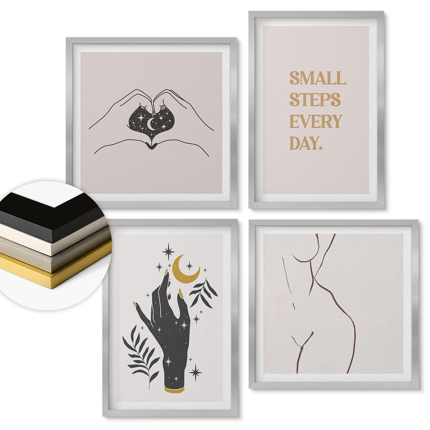 WANDBILDER 4er Set - 50x50 cm & 40x60 cm Silberner Rahmen - Minimalistische Boho-Illustrationen - Silberfarben, Kunststoff (50/50cm) - ArtPrintCave