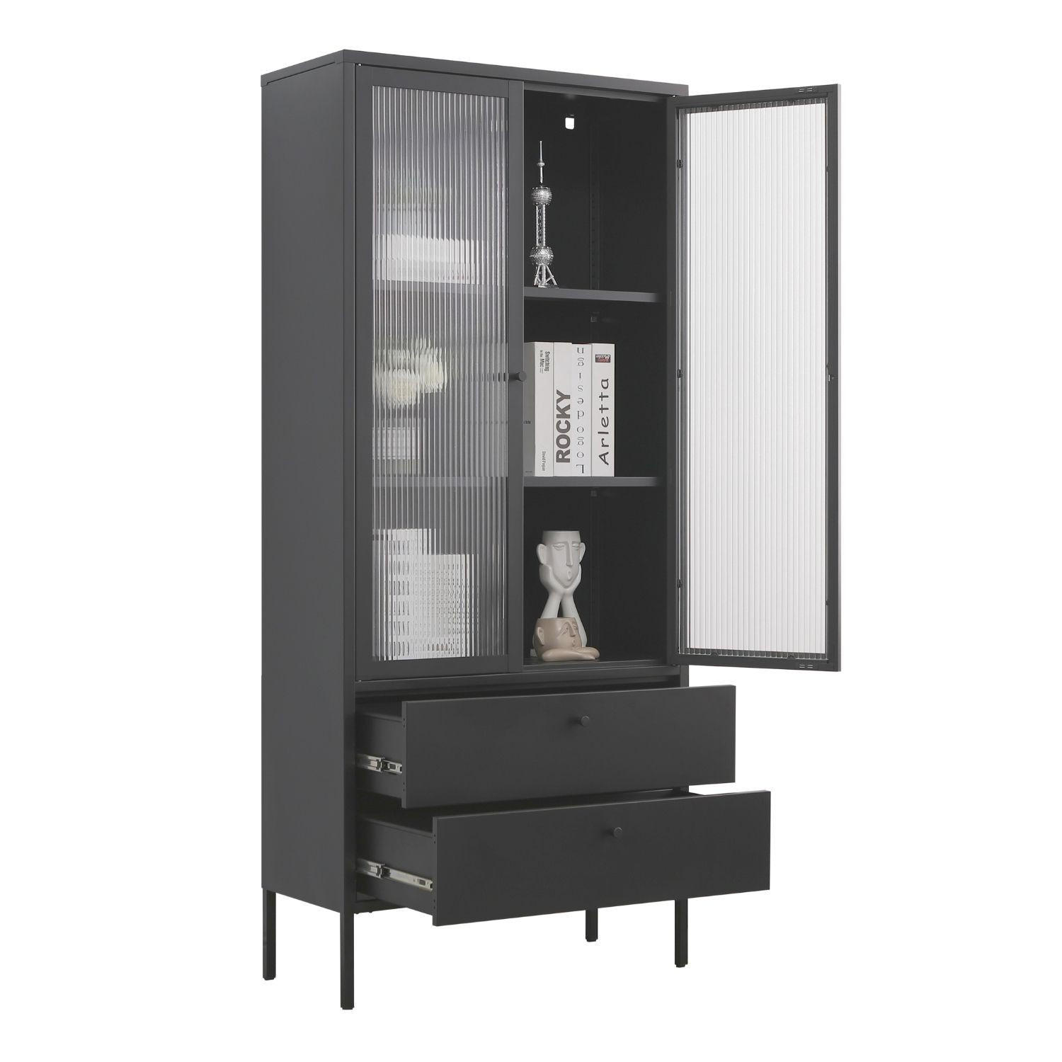 VITRINE PARIS Metall Schwarz mit Schubladen und Türen 80/35/180 cm - Schwarz, Metall (35/180/80cm) - Mein-Regal