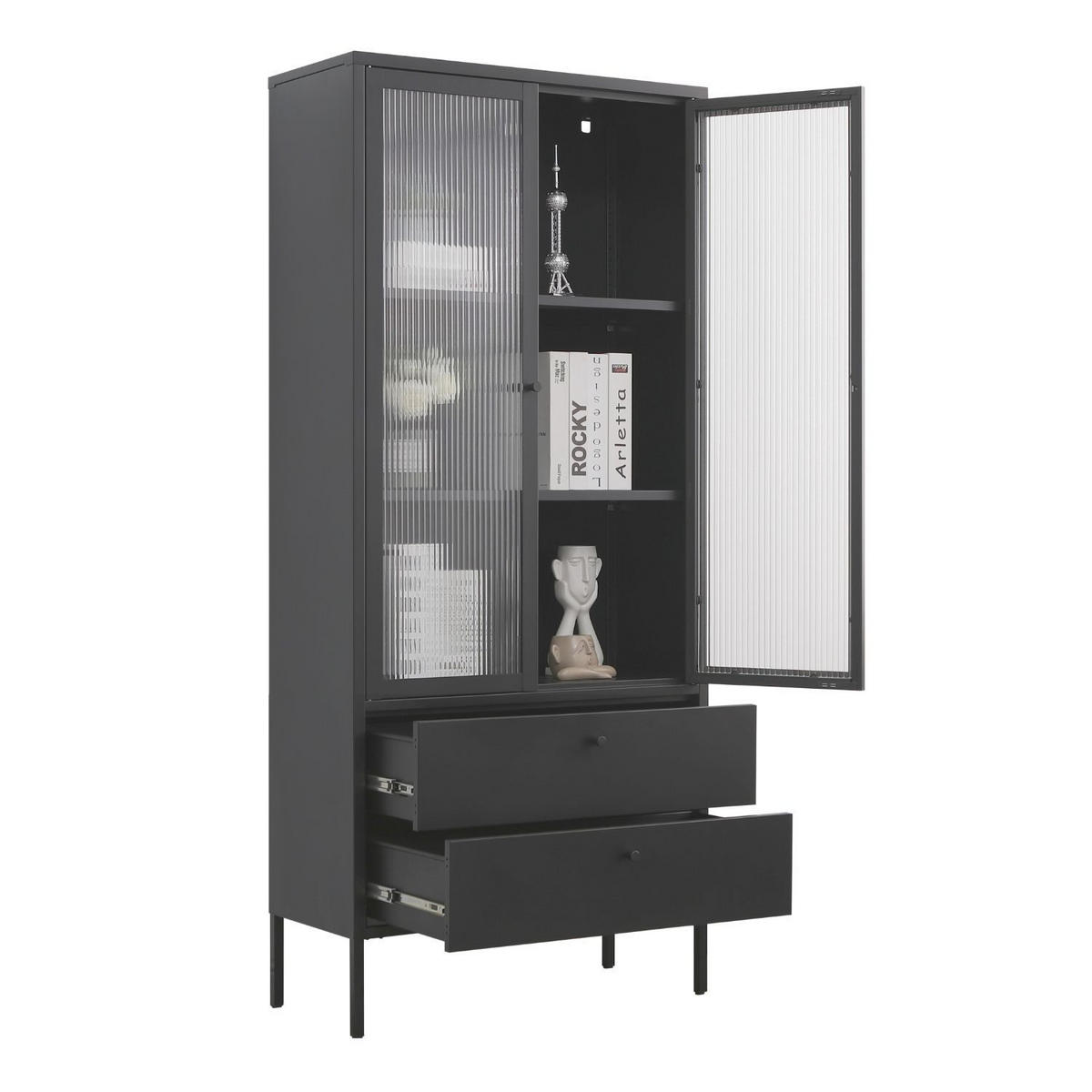 VITRINE PARIS Metall Schwarz mit Schubladen und Türen 80/35/180 cm - Schwarz, Metall (35/180/80cm) - Mein-Regal