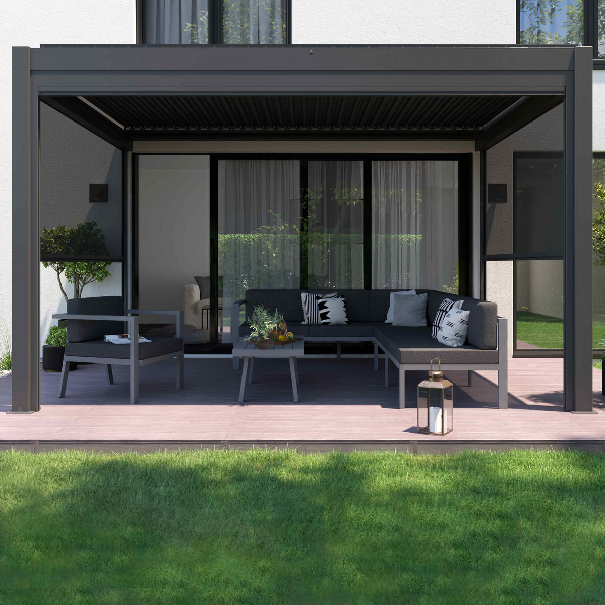 PERGOLA 3x4m, beleuchtet, motorisiert mit 2 Markisen, Grau - Grau, Metall (275/257/397cm) - Oviala