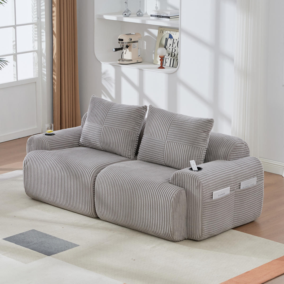 2-SITZER Sofa 200/99/80 cm in Hellgrau mit Cupholder und Seitentasche - Hellgrau, Textil (99/80/200cm) - Flora Grace