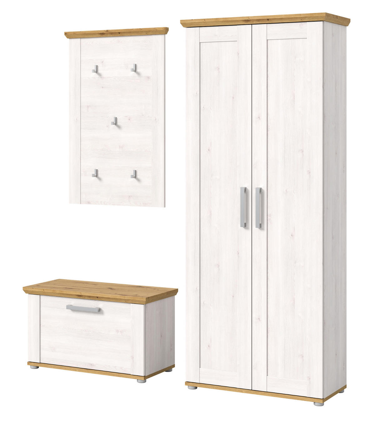 GARDEROBE Set 3-teilig weiß Lärche 175 cm, Komplettset im Landhaus-Stil - Silberfarben/Weiß, Holzwerkstoff/Kunststoff (175/196/39cm) - Inn.Furn