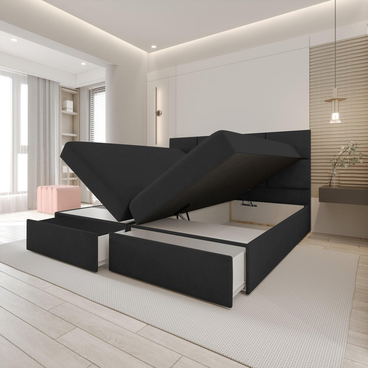 BOXBETT 160x200 cm, GARDA, Bettkasten und Taschenmatratze, Elegant Topper und Schubladen, Schwarz - Schwarz, Holzwerkstoff/Kunststoff (160/200cm) - Trada
