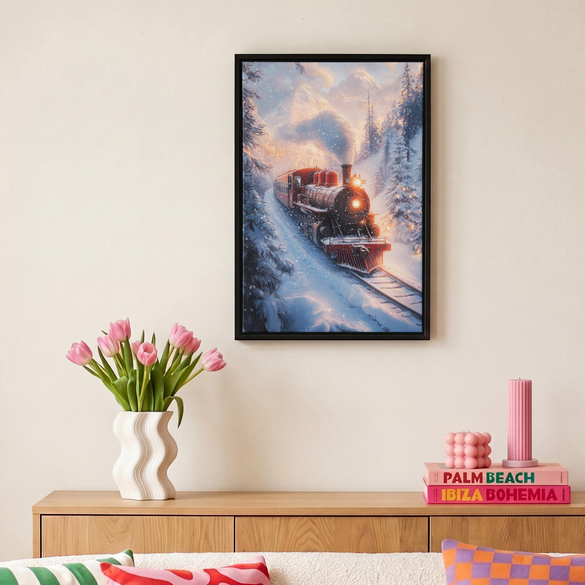 LEINWAND Bilder mit Rahmen - Weihnachtszug - Schnee - Winter - Weihnachten - 20x30 - Dunkelrot, Textil (20/30cm) - MuchoWow
