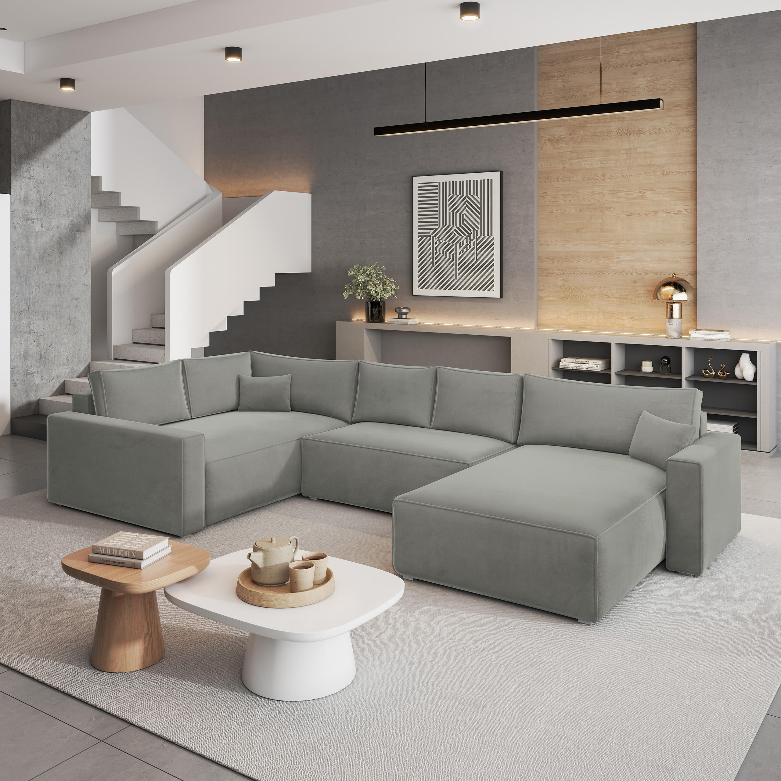 WOHNLANDSCHAFT VELAMI L-S Hellgrau Velours-Stoff mit Schlaffunktion - Hellgrau, Holz (365/83/194cm) - MASSENO