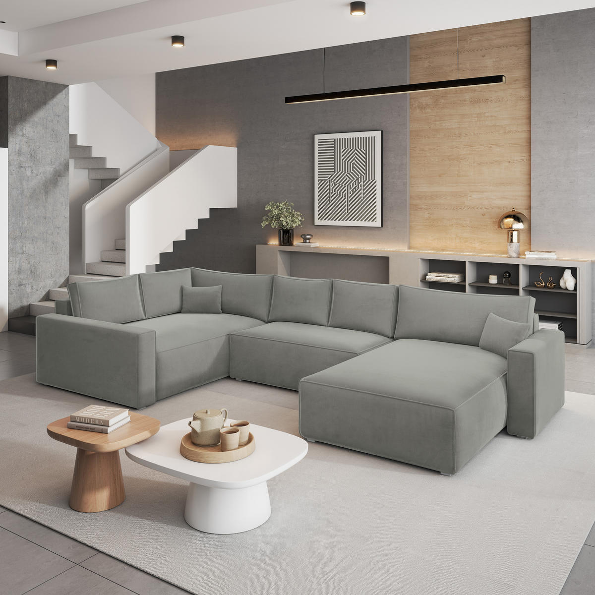 WOHNLANDSCHAFT VELAMI L-S Hellgrau Velours-Stoff mit Schlaffunktion - Hellgrau, Holz (365/83/194cm) - MASSENO