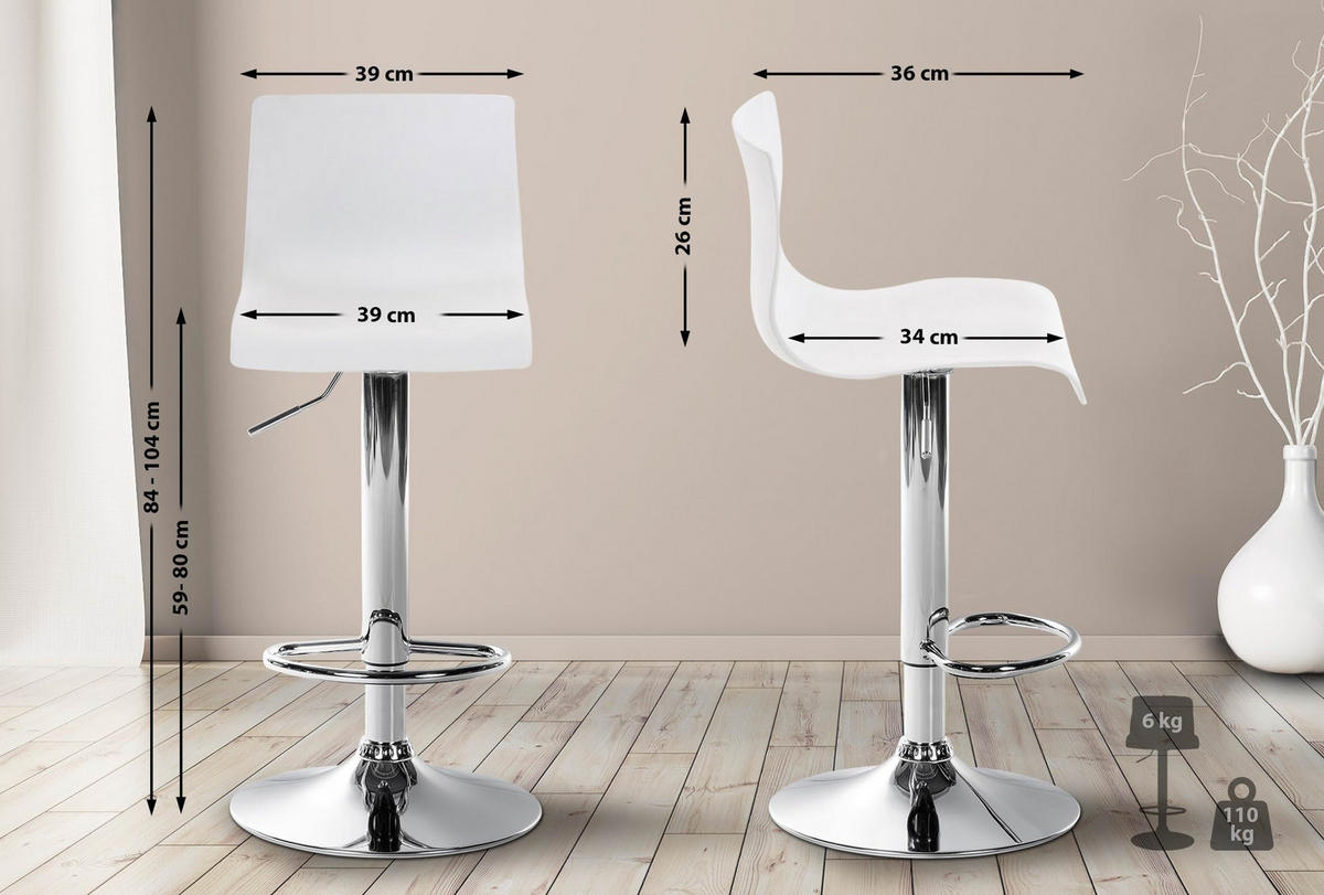 BARHOCKER Kunststoff weiß - Chromfarben/Weiß, Kunststoff/Metall (39/84/36cm) - CLP