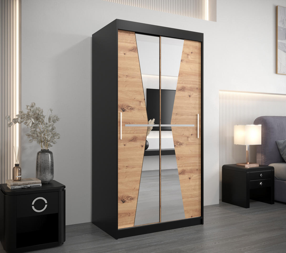 SCHWEBETÜRENSCHRANK 200/100/62 2-türig - Silberfarben/Schwarz, Holz/Kunststoff (100/200/62cm) - Abiks Möbel