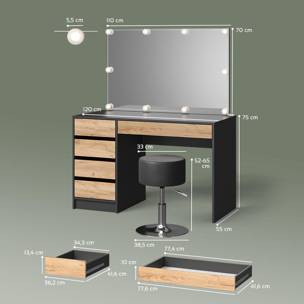 SCHMINKTISCH Imola Anthrazit/Goldkraft Eiche mit LED Beleuchtung und Hocker - Anthrazit/Eiche Wotan, Holzwerkstoff (120/75/55cm) - Livinity®