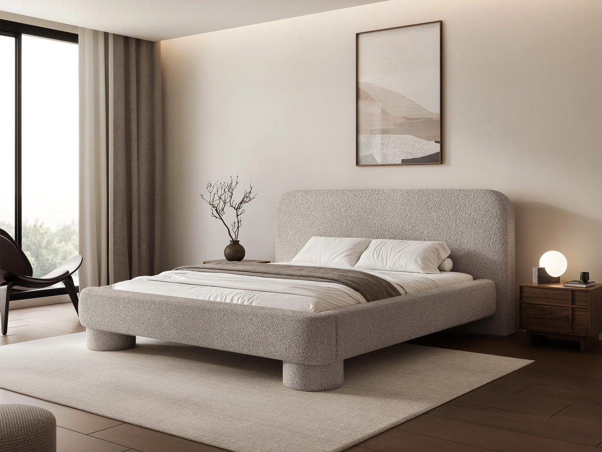 POLSTERBETT Frederico 140x200 cm Grau Bouclé – (Doppelbett mit Bettkasten, Lattenrost, rundes Kopfteil) - Grau, Holz/Holzwerkstoff (140/200cm) - Ravio