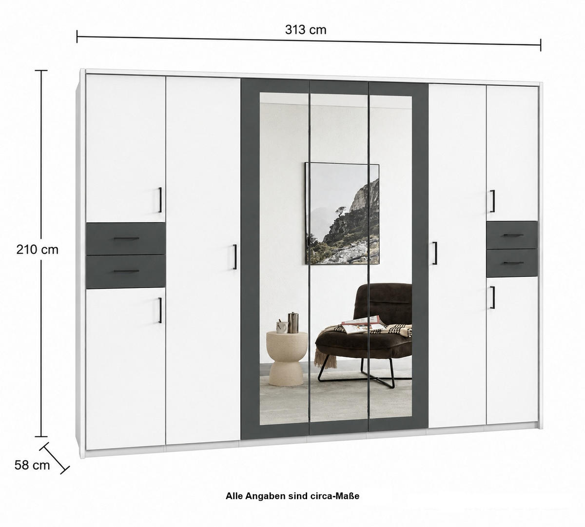 DREHTÜRENSCHRANK Kleiderschrank 313 cm mit Schubkästen & Passepartout & 3 Spiegeltüren, Weiß mit Absetzungen in Grafit, Griffe schwarz / 22584 - Graphitfarben/Schwarz, Holzwerkstoff/Kunststoff (313/210/58cm) - luma-home