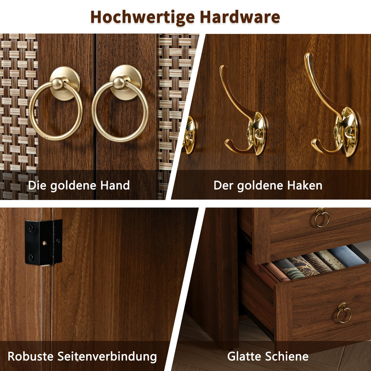 SIDEBOARD Korbgeflecht Bogenstil 2 Schubladen Vintage Stauraum - Walnussfarben, Holzwerkstoff (40/180/80cm) - FLIEKS