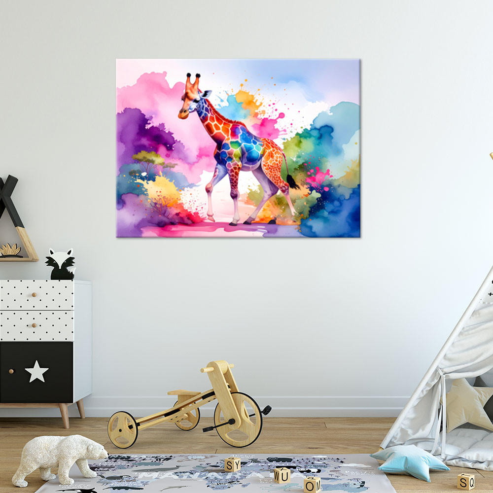 LEINWANDBILD Bunte Giraffe Afrika Aquarell 120x80cm - Multicolor, Textil (120/80cm) - Feeby