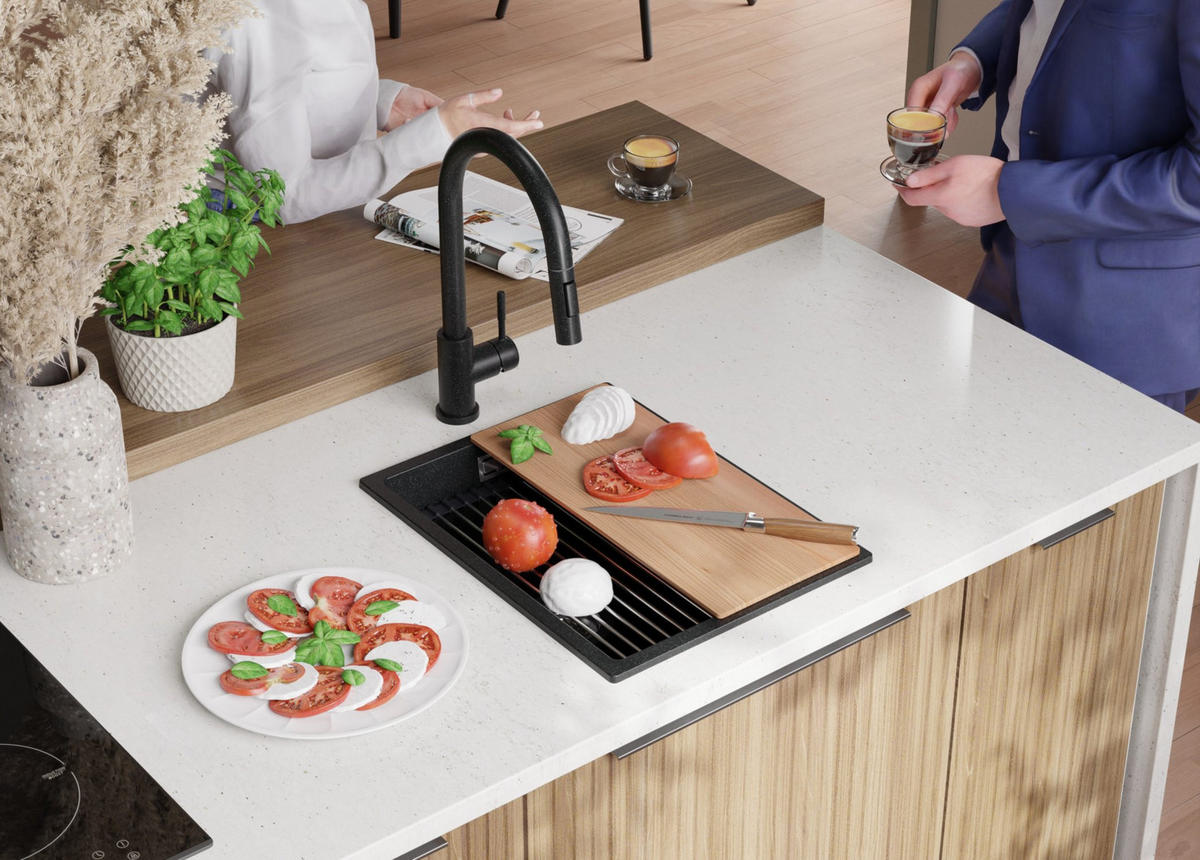 SPÜLBECKEN Praga Slim, 2-er set Anthrazit 36/47 cm 1 Becken + Ablauf-Set + Aufrollbare Abtropffläche ab 40er Unterschrank - Chromfarben/Anthrazit, Kunststoff (36/20/47cm) - Primagran