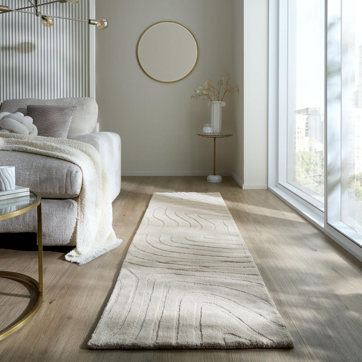 WOLLTEPPICH Wellen Abstrakt, Wohnzimmer Beige Läufer 60x230 - Beige, Textil (60/230cm) - KADIMA DESIGN