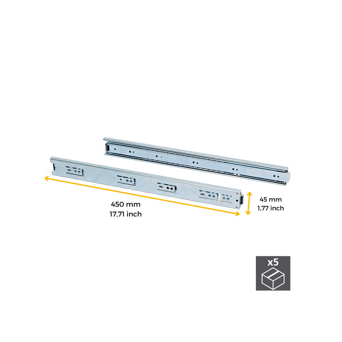 KUGELFÜHRUNGEN Höhe 45mm, Tiefe 450mm, Vollauszug, verzinkt 5er-set - Zinkfarben, Metall (13/6/50cm) - EMUCA