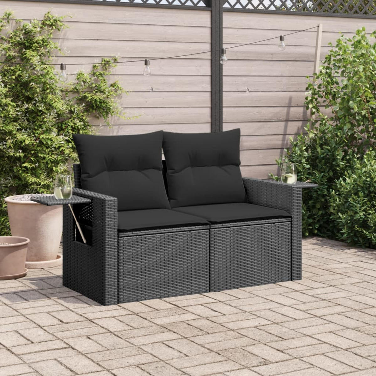 GARTENSOFA Mit Kissen 2-Sitzer Schwarz Poly Rattan - Schwarz, Kunststoff (124/69/62cm) - vidaXL