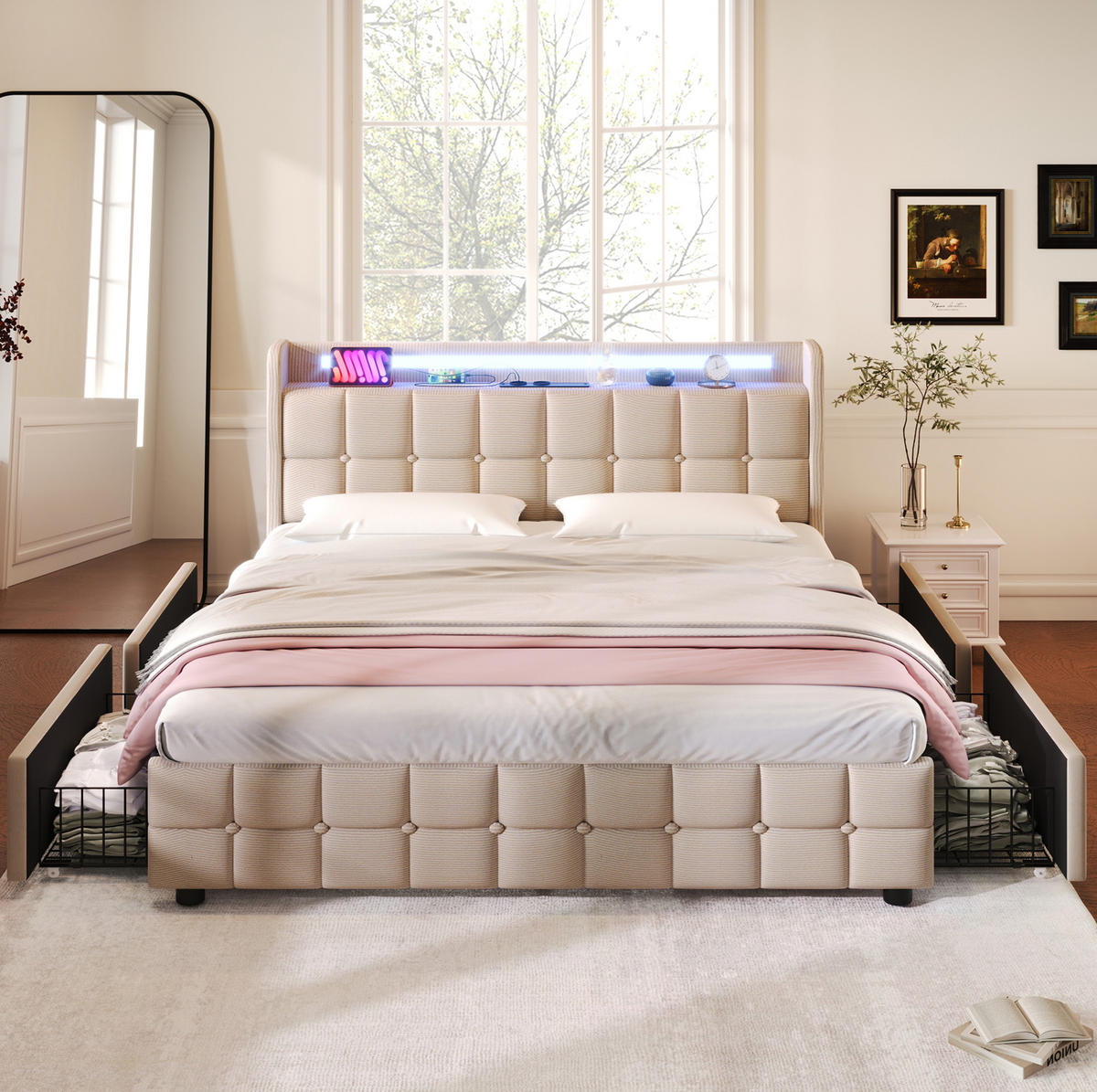 POLSTERBETT 160/200 cm beige aus Holz mit LED, USB, Steckdosen und Matratze - Beige, Holzwerkstoff (160/200cm) - OKWISH