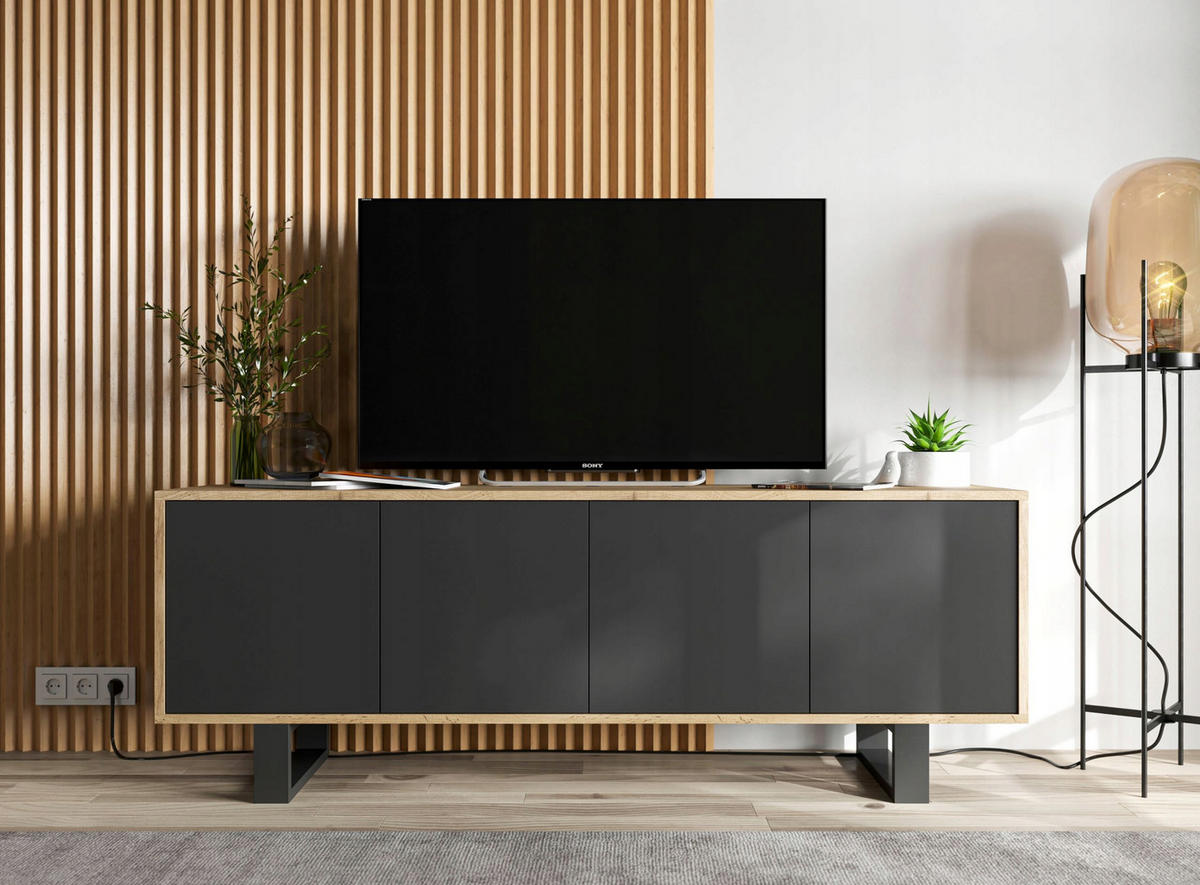 TV-SCHRANK Apollo2 Eiche wotan Schwarz Matt mit Metallbeinen 150 cm - Schwarz, Holzwerkstoff/Metall (150/53/35cm) - Meble Lindner