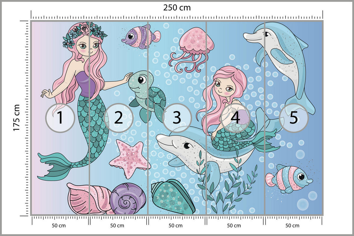 FOTOTAPETE für Kinderzimmer Meerjungfrauen Delfine Fische Muscheln Qualle Schildkröte 250x175 - Multicolor, Papier (250/175cm) - Muralo