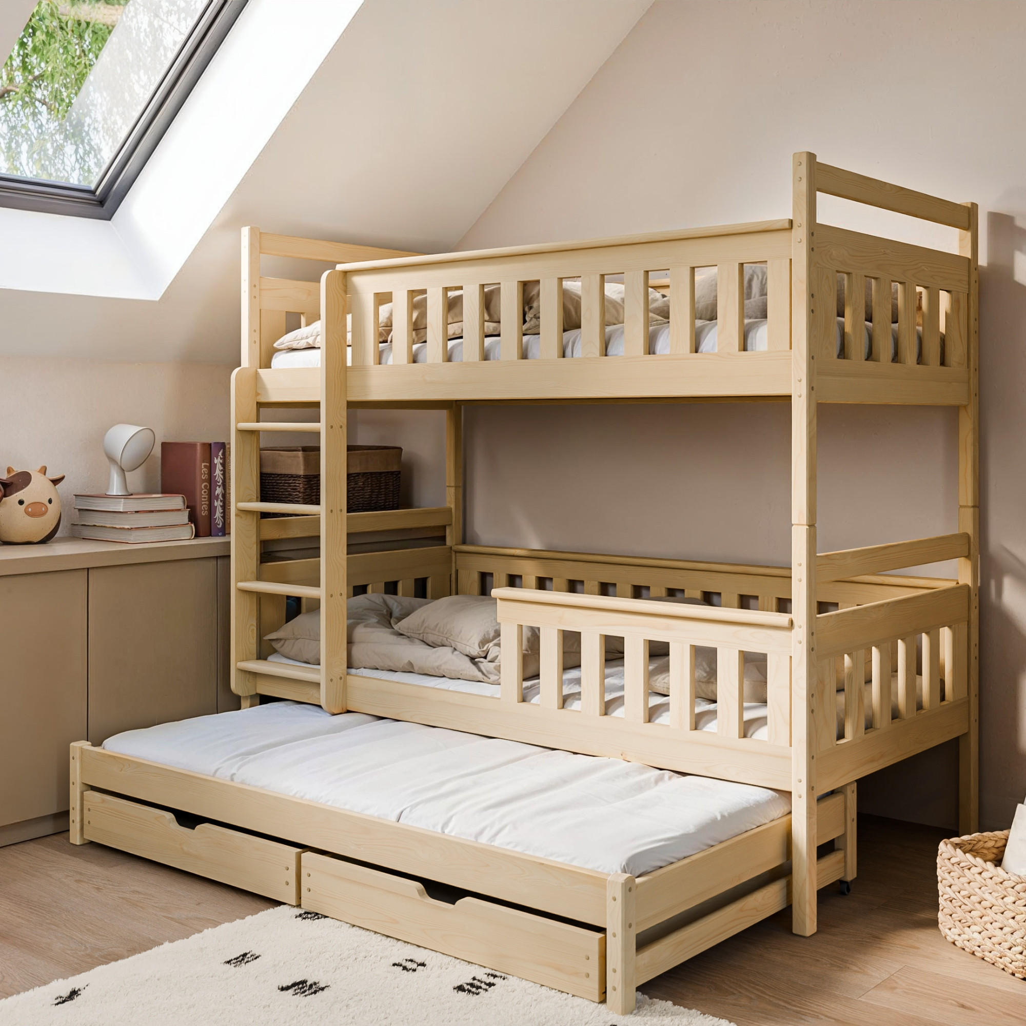 ETAGENBETT 90x200 cm mit Ausziehbett & zwei Schubladen in weiss - Naturfarben, Holz (90/200cm) - Kids Collective