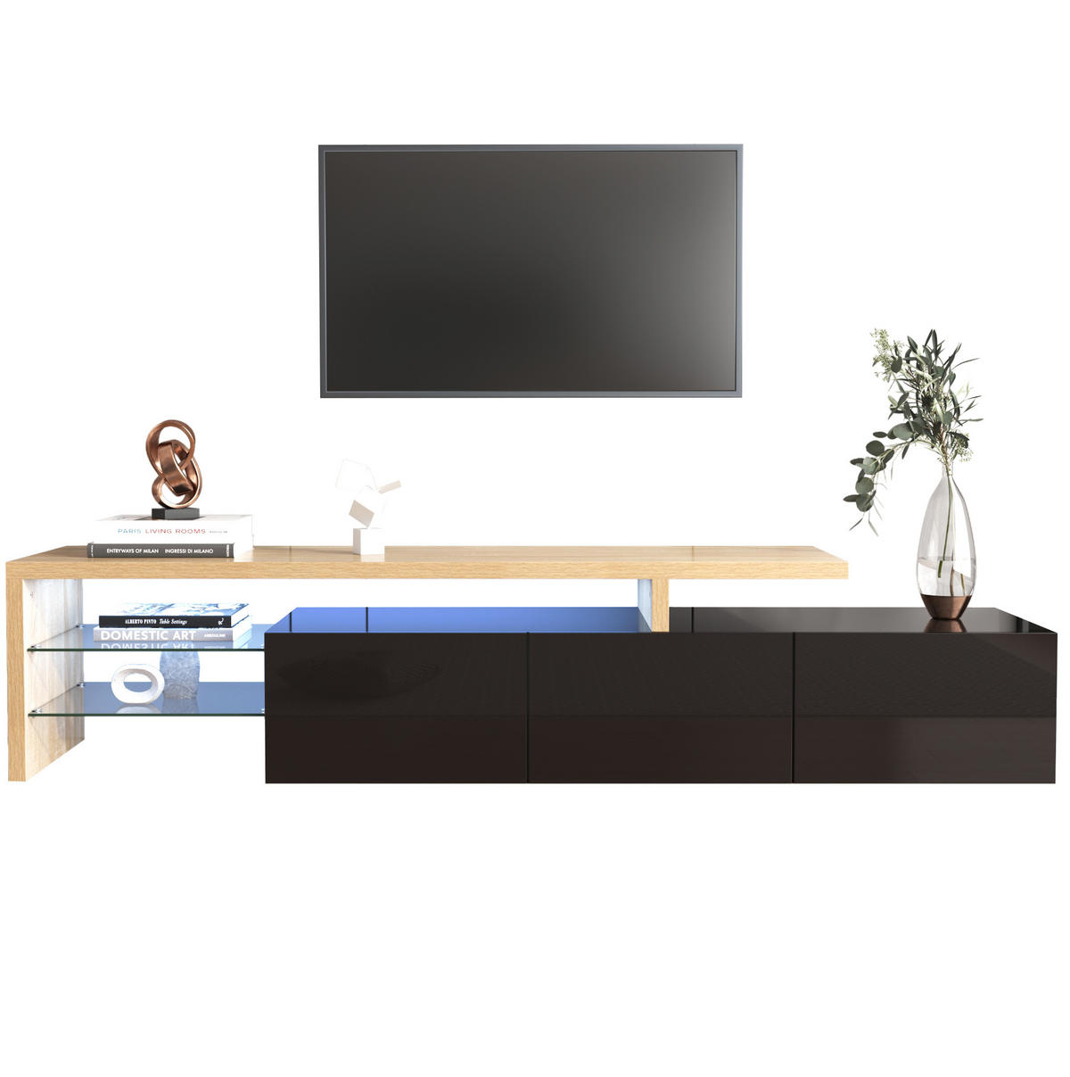 TV-SCHRANK aus MDF und Glas 197,5x39x42 cm Natur/Schwarz mit 3 Türen, Glasböden und 7-farbiger LED-Beleuchtung - Naturfarben, Holzwerkstoff (197.5/42/39cm) - Modfu