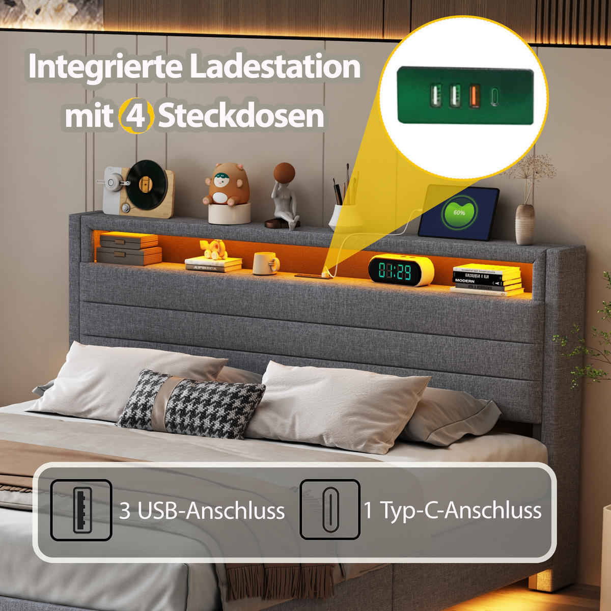 POLSTERBETT 160x200 cm LED USB Stauraum grau - Grau, Textil (160/200cm) - LEBENLANG