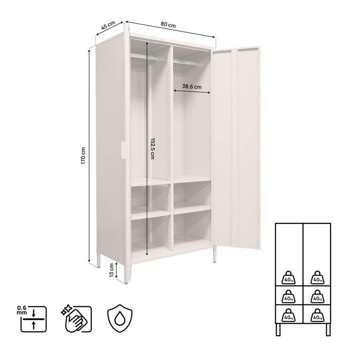 KLEIDERSCHRANK im Industrial-Design aus Metall H.170cm 2 Türen, 4 Ablagefächer, 2 Kleiderstangen Beige - Thea - Beige, Metall (80/170/45cm) - Sicaan