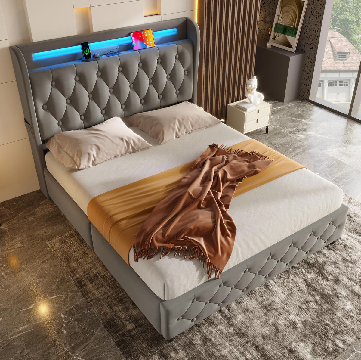 ČALÚNENÁ posteľ z látky a kovu 140x190 cm sivá s RGB LED osvetlením, USB-C a 4 zásuvkami - sivá, textil (140/190cm) - Modfu