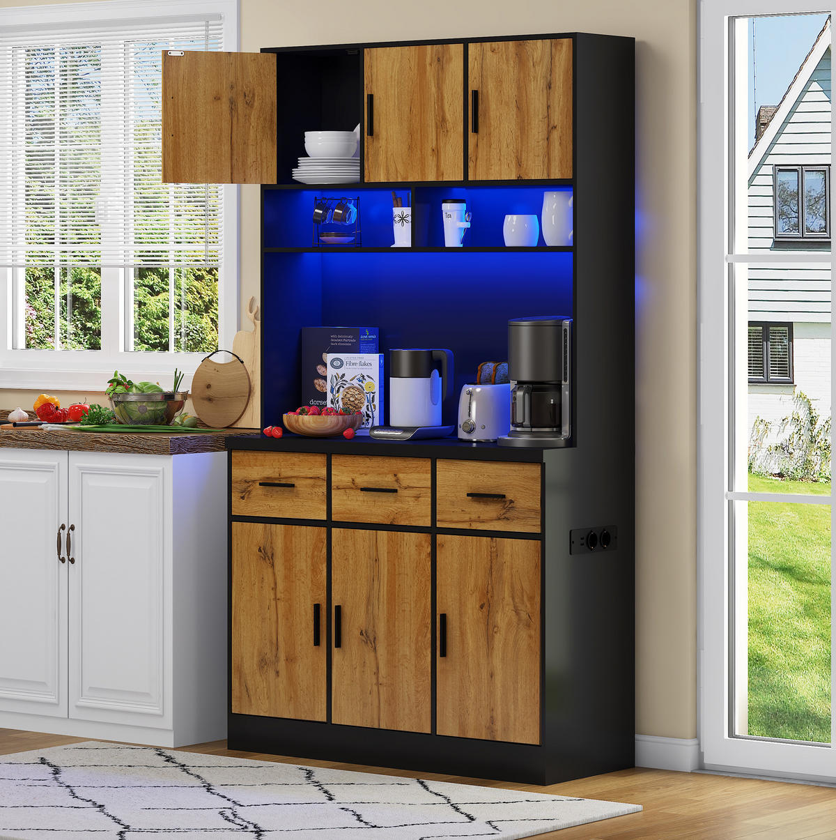 BUFFETSCHRANK aus MDF, mit LED, 3 Schubladen & Steckdosenleiste, 100/40/180 cm, Schwarz/Natur - Schwarz, Holzwerkstoff (100/180/40cm) - Modfu