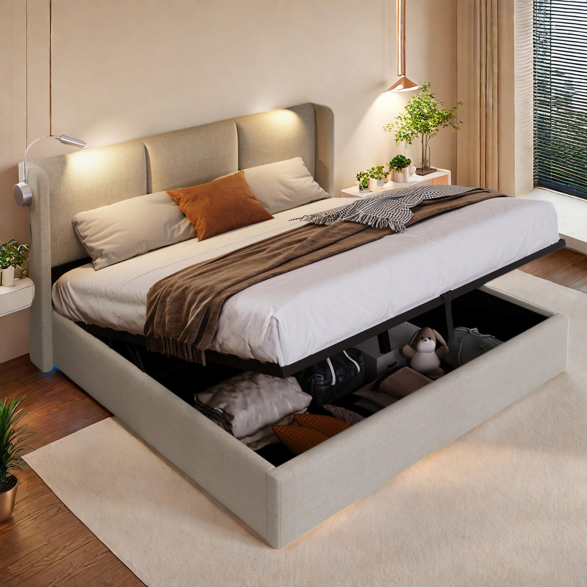 POLSTERBETT 160x200 Beige PU Leselampen Hydraulik - Beige, Metall (160/200cm) - SHOPENTRA