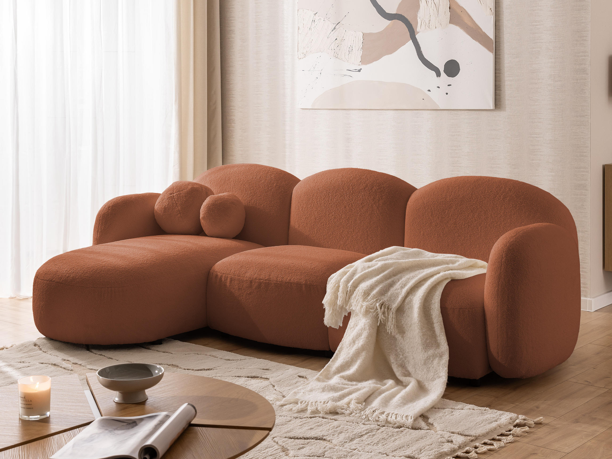 ECKSOFA Nuvola mit abgerundetem Design Terrakotta Bouclé-Stoff - Ottomane Links - Terra cotta/Schwarz, Holz/Kunststoff (268/146cm) - S-Style Möbel