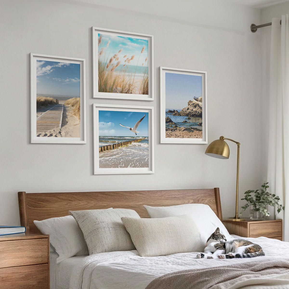 WANDBILDER 4er-Set - 50x50 cm & 40x60 cm Weißer Rahmen - Strand Holzsteg Klippen - Weiß, Kunststoff (50/50cm) - ArtPrintCave
