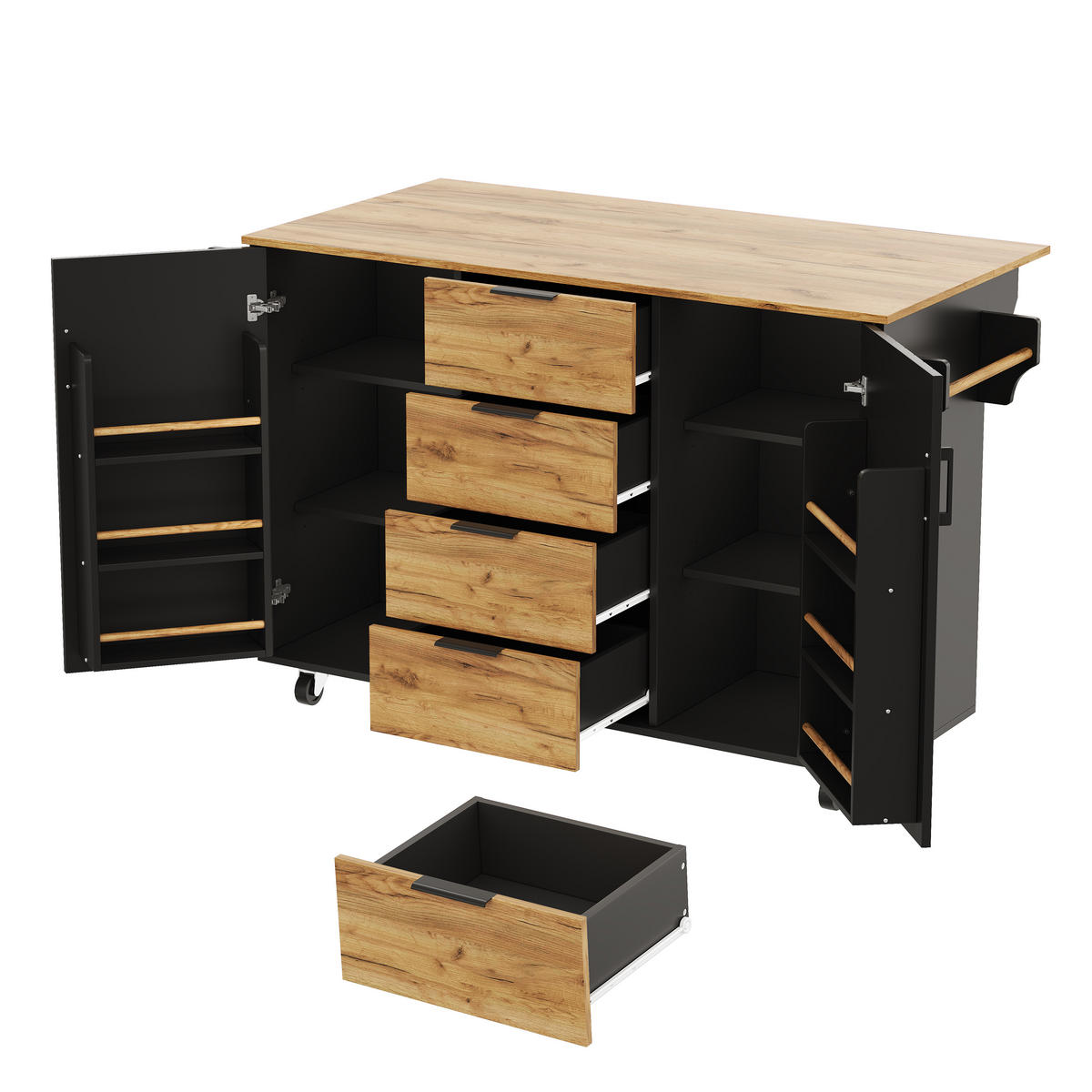 KÜCHENINSEL auf Rollen 120/45/90 cm Schwarz mit klappbarer Arbeitsplatte, 4 Schublade und Gewürzregal - Silberfarben/Schwarz, Holz/Holzwerkstoff (70/90/120cm) - Oxeza