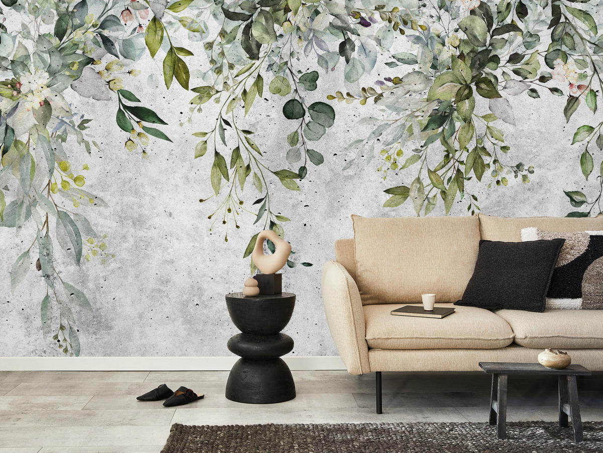 FOTOTAPETE Blätter auf Beton Abstraktion Vintage 350x256 - Grau/Grün, Papier (350/256cm) - Muralo