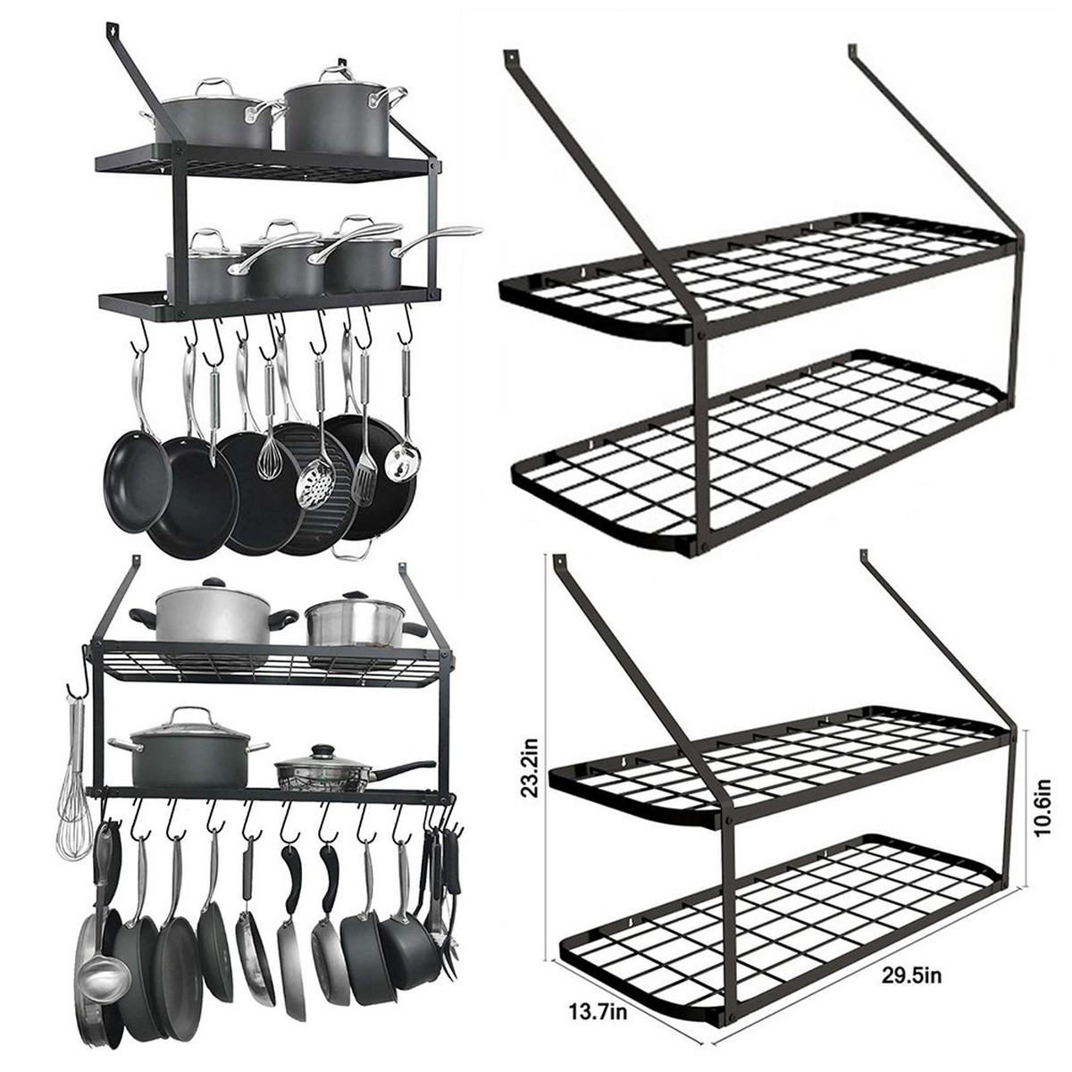 WANDREGAL 2-stöckig mit 10 Haken für Töpfe und Pfannen schwarz 74,9/34,8/58,9 cm - Schwarz, Metall (30/75/35cm) - Livingandhome