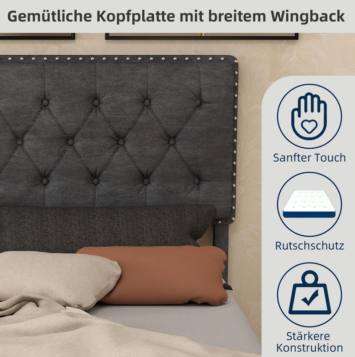 POLSTERBETT 160/200 cm grau aus Stoff und Metall mit hohem Kopfteil - Grau, Textil (160/200cm) - OKWISH