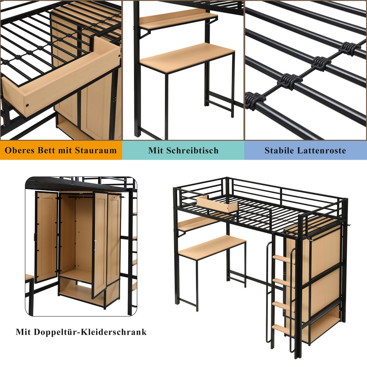 HOCHBETT 90/200 cm in Schwarz & Natur mit Kleiderschrank, Schreibtisch und Regal - Schwarz/Naturfarben, Holzwerkstoff/Metall (90/200cm) - CHICFURN